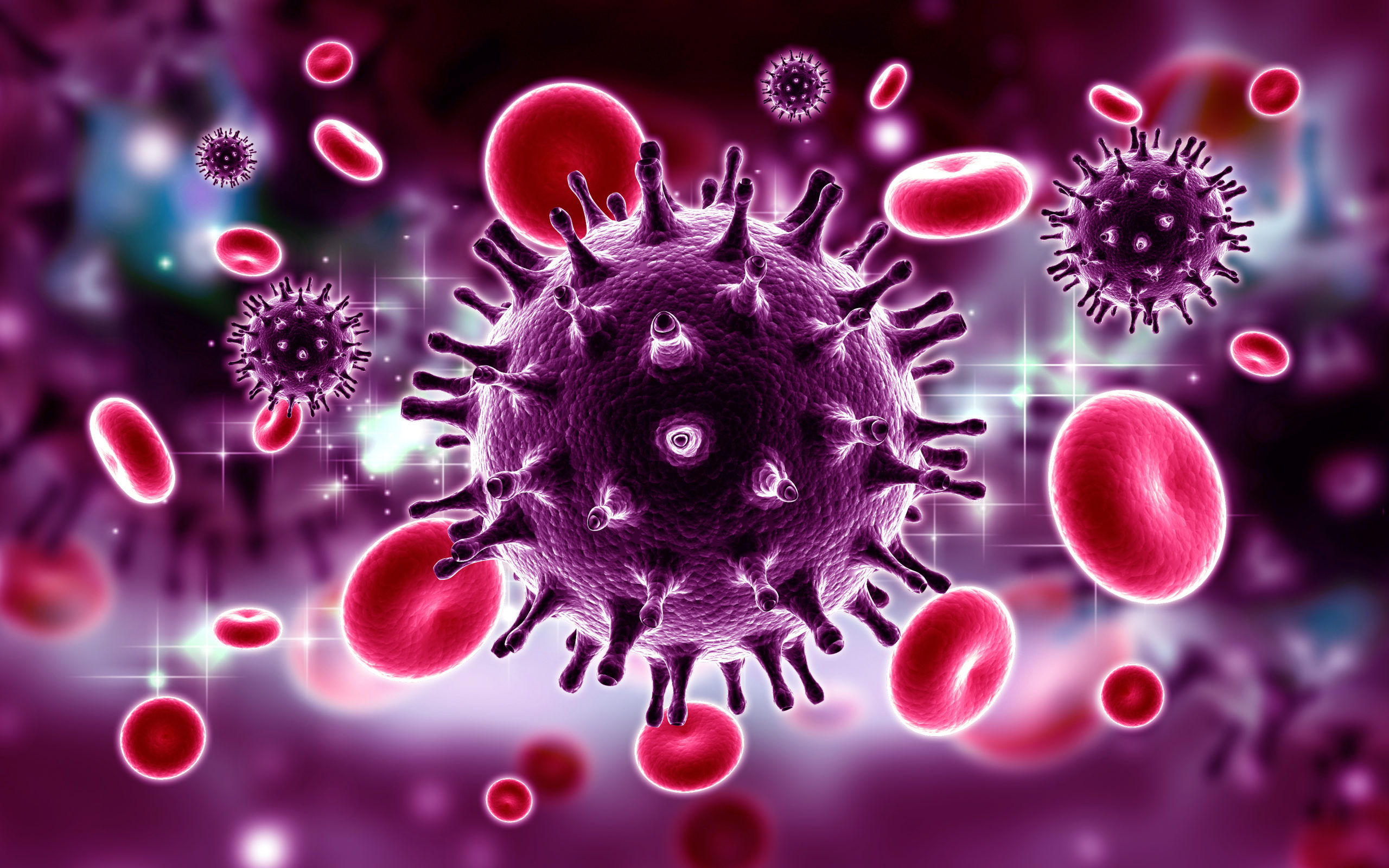 3d,Rendered,Hiv,Virus,In,Blood,Stream,In,Color,Background